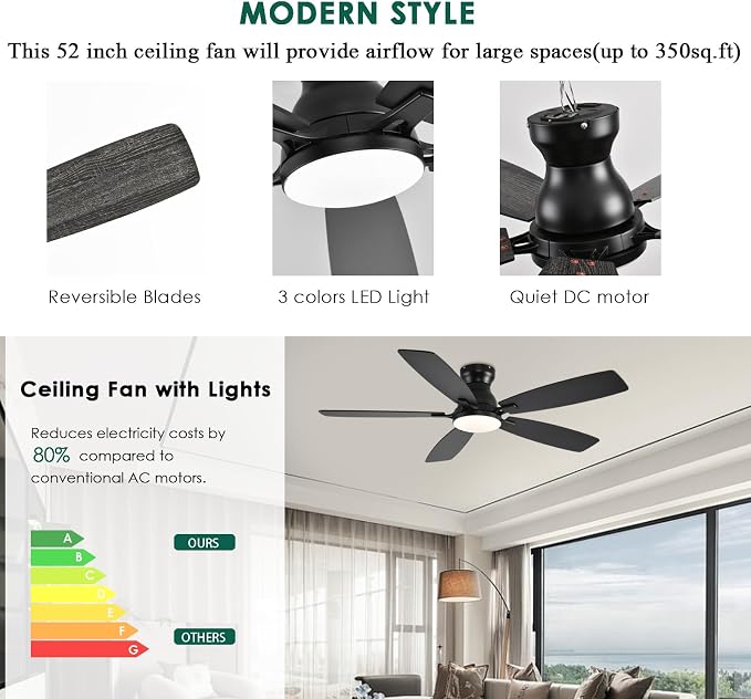 NKPU Ceiling Fans with Lights, Low Profile Ceiling Fan with Light and Remote/APP Control, DC Motor, Noiseless, Flush Mount, 52inch Black Ceiling Fan for Bedroom Indoor/Outdoor Use
