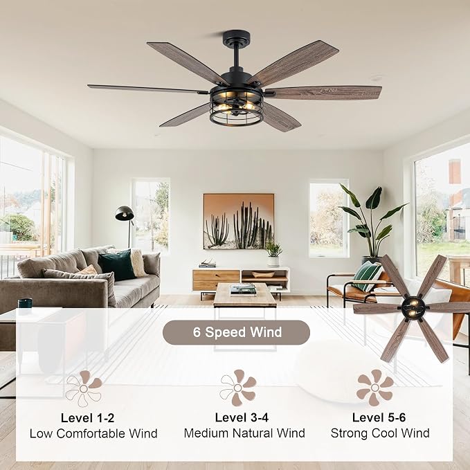 60" Farmhouse Ceiling Fan with Lights Remote, Rustic Ceiling Fan | Industrial Caged Fandelier Black Metal Chandelier Light, Reversible Quiet DC Motor 6 Speeds for Living Room Bedroom Indoor