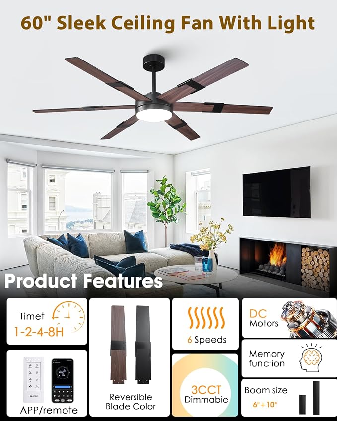 60 Inch Ceiling Fans with Lights and Remote, Modern Large Black Ceiling Fan for Indoor or Covered Outdoor, 3CCT,Reversible DC Motor Dual-Sided Blades High CFM Ceiling Fan for Living Room Garage