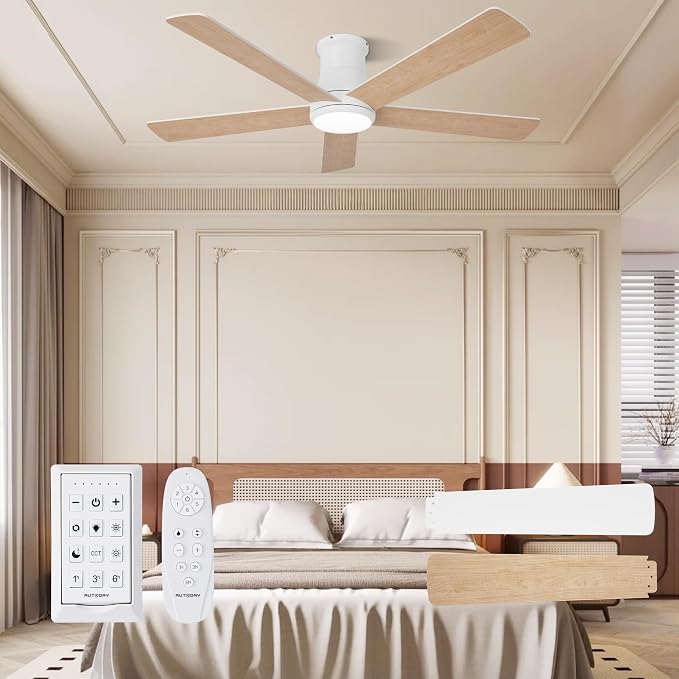 52 Inch Low Profile Ceiling Fan with Light, White Ceiling Fans with Lights and Remote, Flush Mount, 6 Speeds Reversible Quiet DC, 3CCT Dimmable, Indoor Outdoor Ceiling Fans for Patios Bedroom