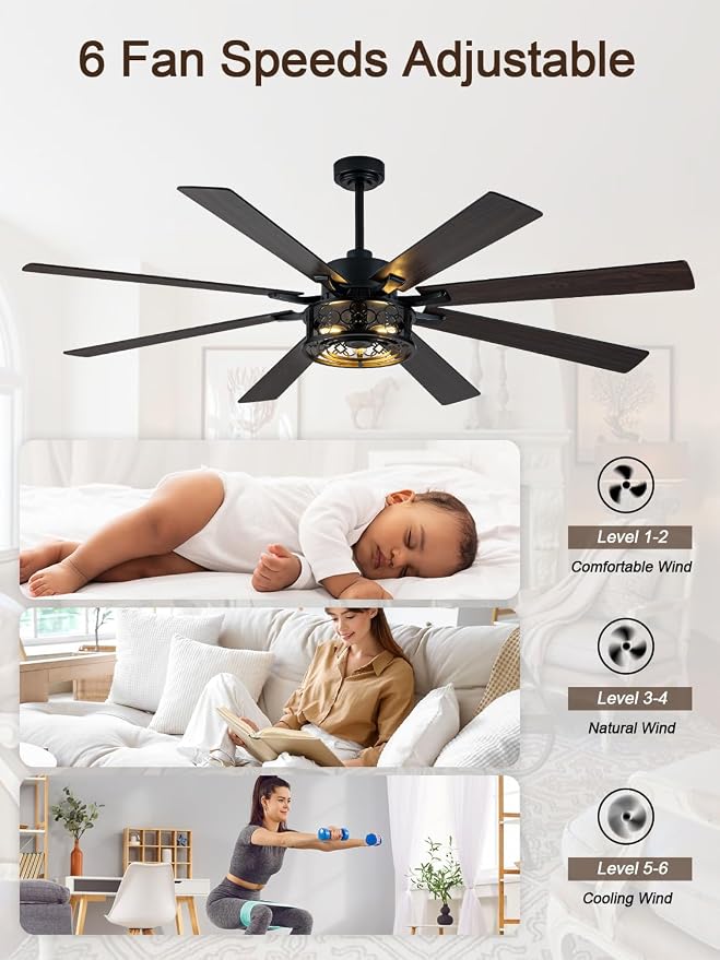 72" Farmhouse Ceiling Fan with Lights Remote Rustic Ceiling Fan | Black Caged Fandelier Large Industrial Chandelier for Living Room Indoor Covered Outdoor, Reversible Quiet DC Motor 6 Speeds