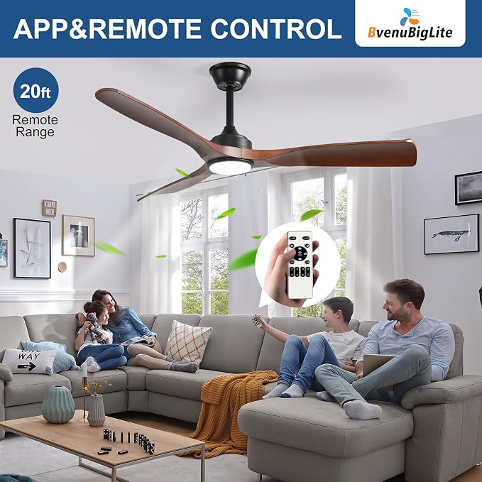 Outdoor Ceiling Fan with Light: 52 Inch 3 Blade Outdoor Fans for Patios - Modern Walnut Ceiling Fan with Dimmable Light Remote Control Ultra Quiet Reversible DC Motor Timer