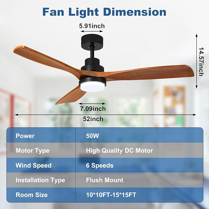 52inch Ceiling Fan with Light and Remote for Outdoor/Indoor Use, Patios, Bedrooms, Living Rooms, Kitchens, 6 Speeds,3CCT Switchable,with 3 Solid Wood Blades and Modern, Noiseless, Reversible Function