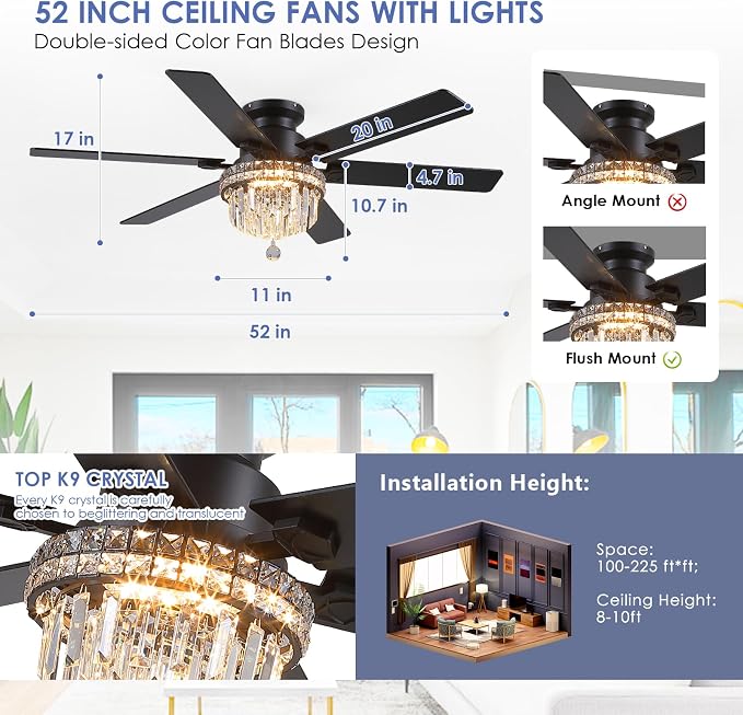 Asyko 52" Low Profile Crystal Ceiling Fans with LED Lights and Remote/APP | Supports Remote and APP,Reversible 6 Wind Speeds,30W Quiet DC Motor,6 Wood Blades,Dimmable 30W LED,Suits for Bedroom Kitchen