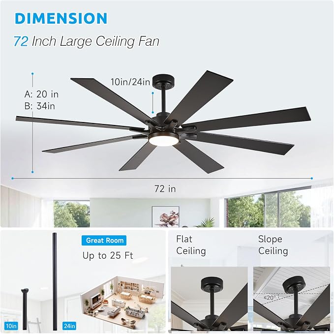 72 inch Ceiling Fans with Lights and Remote, Indoor Outdoor Ceiling Fans for Patios, Black Industrial DC Ceiling Fan with 8 Reversible Blades for Living Room Farmhouse Garage Covered Ourdoor