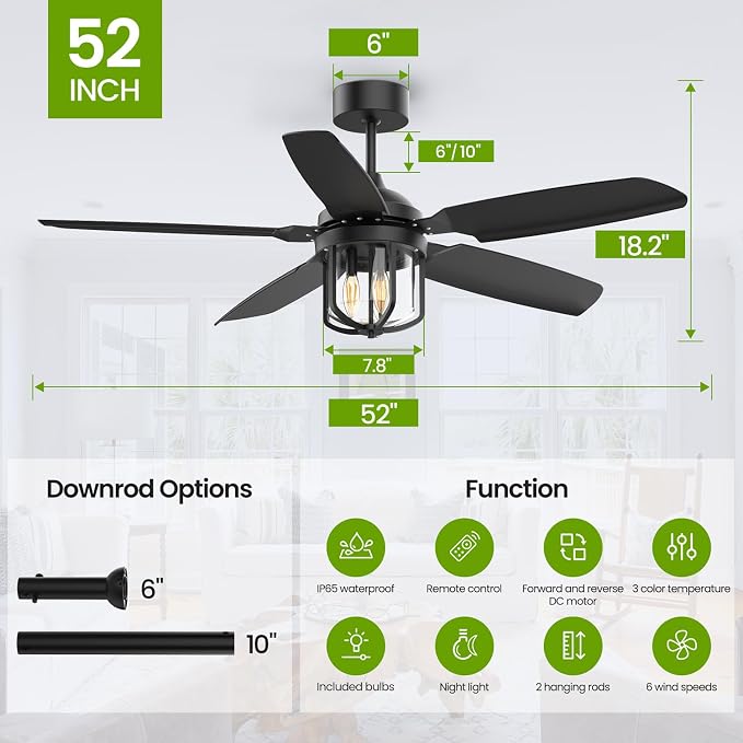 52 Inch Outdoor Ceiling Fans with Lights for Patios, IP65 Waterproof Ceiling Fan with Remote and 6-Speed DC Motor, Gazebo Ceiling Fan for Porch Pavilion Farmhouse Black (Included 3pcs Bulb)