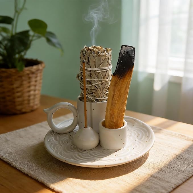 Tnstbiee 4-in-1 White Ceramic Palo Santo Burner & Holder - Versatile Candle and Smudge Tray for Incense Sticks, Cones, and Sage - Ideal Zen Meditation Altar Accessory for Enhanced Aromatic Experience