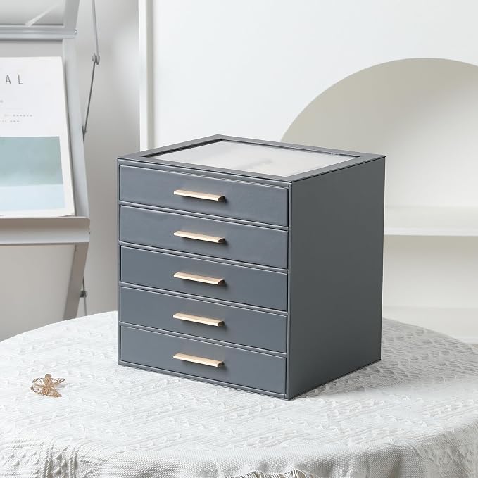 Frebeauty Jewelry Box for Women,Clear Lid Jewelry Organizer with 5 Drawers | Faux Leather,Velvet Lining,5-Layer Large Capacity,Jewelry Storage for Rings Earrings,Dustproof Design,Golden Stylish Handle
