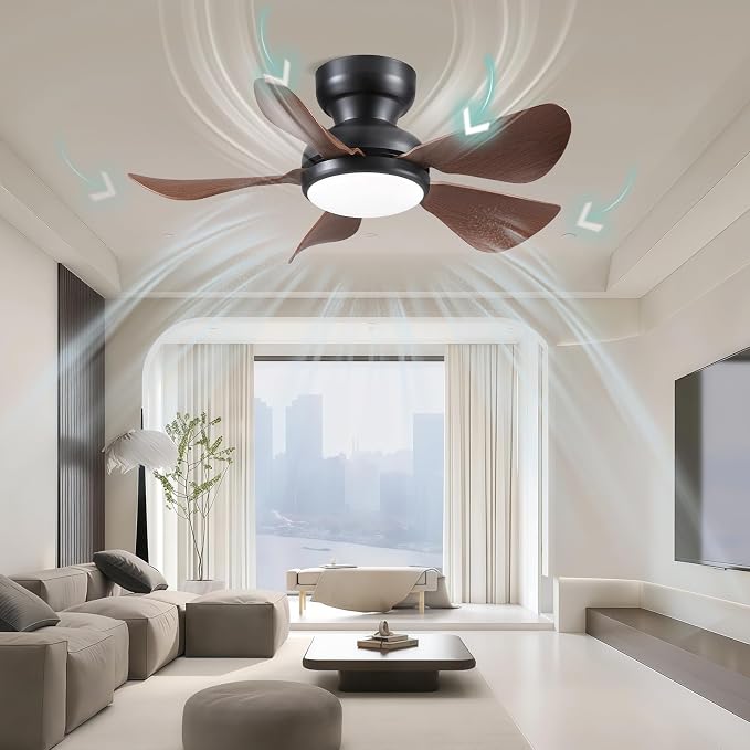Kviflon 32 Inch Modern Ceiling Fans with Lights, Small Flush Mount Ceiling Fan with Light, Remote Control, 5 Reversible Curved Blades, 6 Speeds, 3 CCT Dimmable LED Lights for Kids Room Bedroom, Brown
