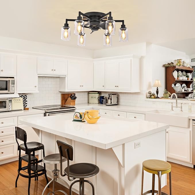Garwarm 26IN Ceiling Fans with Lights, Black Flush Mount Ceiling Fan with Lights Remote Control,Low Profile Bladeless Ceiling Fan Light Fixture for Bedroom, Kitchen, Dining Room