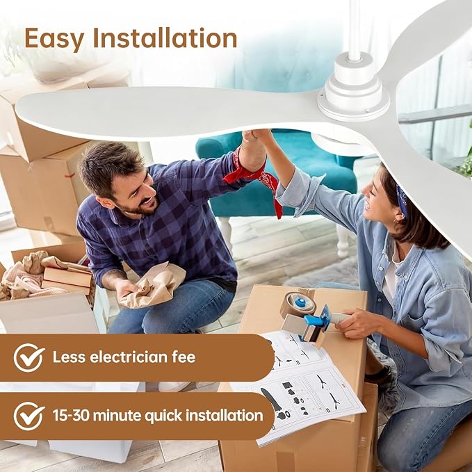 Ovlaim 52 Inch White Wood Ceiling Fan with Light and Remote | 30dB Quiet DC Motor, 6-Speed, Dimmable 3-Color, Memory Function, Reversible Motor, 3 Downrods Included, Bedroom Living Room