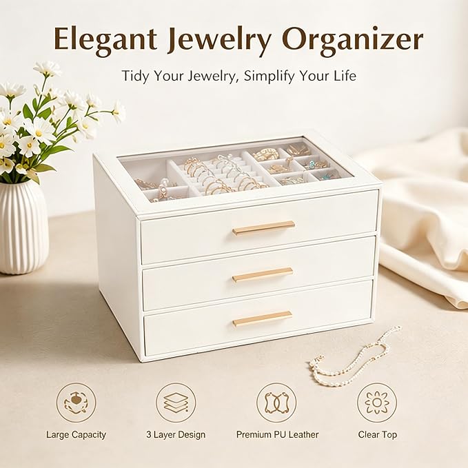 GUOER Jewelry Box for Women, Glass Lid Jewelry Organizer with 3 Drawers PU Jewelry Storage Case for Necklaces Rings Earrings Bracelets, Mother's Day, White