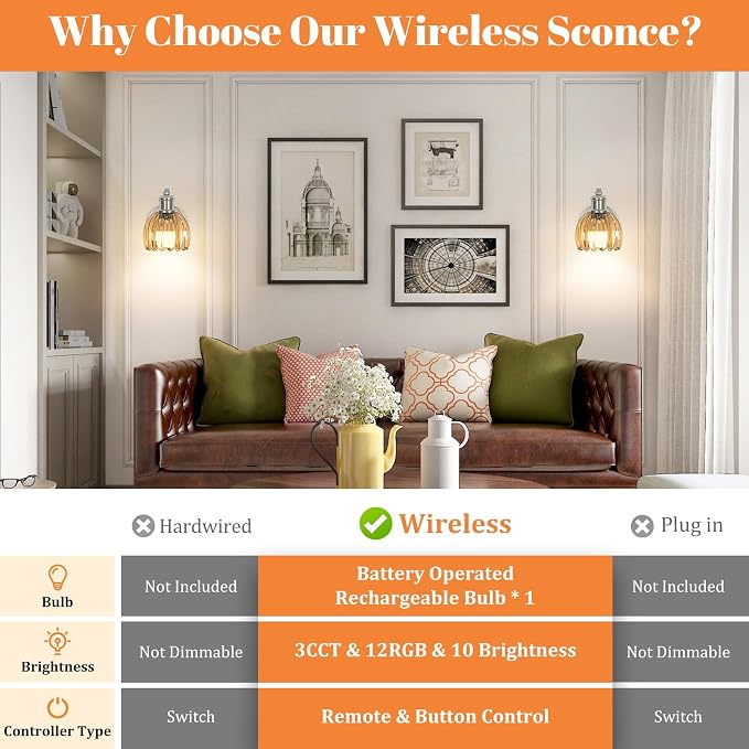 VerRon Rechargeable Battery Operated Wall Sconce with Amber Glass Lampshade, Wireless Wall Scone Decor with Remote Control, 15 Colors Brushed Nickle Wall Light for Bedside Hallway Bedroom Doorway