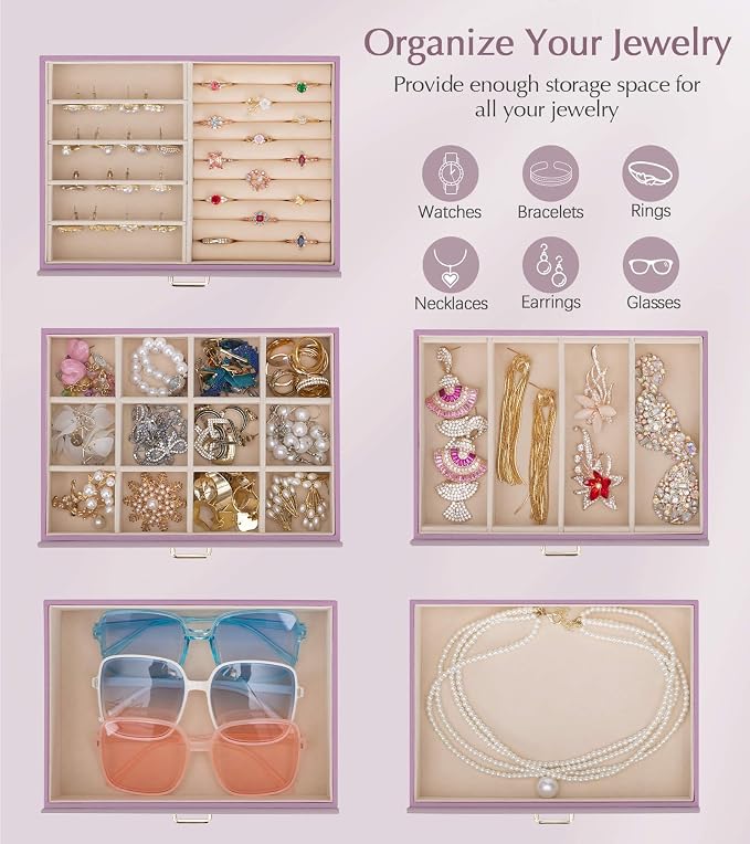 Homde Jewelry Box Large for Women: 6 Layers 5 Drawers Organizer with Mirror for Ring Earring Necklace - Storage Holder with Lock for Dresser (Gray Purple)