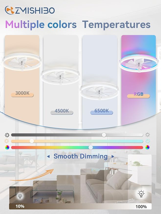 ZMISHIBO RGB Ceiling Fans with Lights and Remote, 23 inch Low Profile Ceiling Fan with Light, 3000K-6000K Dimmable & RGB, Modern Fandelier Flush Mount Ceiling Fan, Small LED Fan for Bedroom