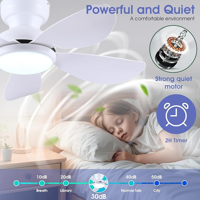 Kviflon 36 Inch Modern Ceiling Fans with Lights, Small Flush Mount Ceiling Fans, Remote/APP Control, 5 Reversible Curved Blades, 6 Speeds, 3 CCT Dimmable Lights for Kitchen Bedroom, White