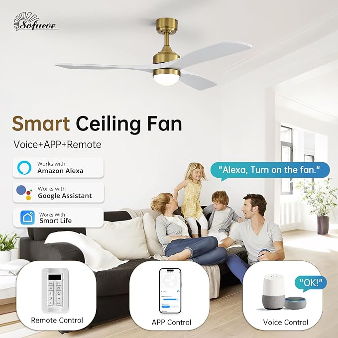Sofucor 52" Smart Wood Ceiling Fans Lights, Flush Mount & Downrod Mount, 3 Wood Blades Modern Outdoor Ceiling Fans with Alexa/Google Assistant/APP/Remote Control for Bedroom, Farmhouse, Patio, Indoor