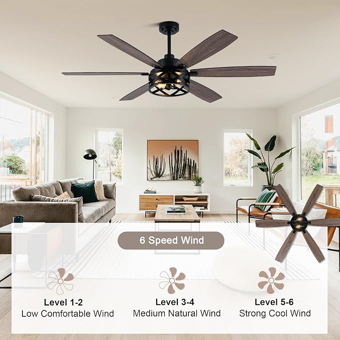60“ Farmhouse Ceiling Fan with Lights Remote, Rustic Ceiling Fan | Black Metal Caged Fandelier Industrial Chandelier, Reversible Quiet DC Motor 6 Speed 6 Dual Blades for Living Room Bedroom