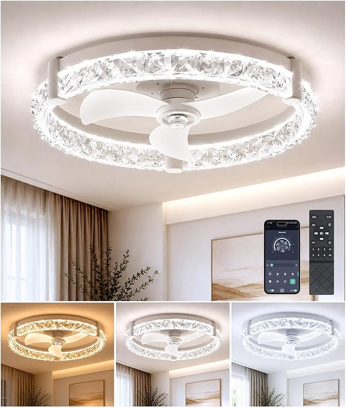 Ceiling Fans with Lights and Remote App 20'' Low Profile Ceiling Fan 3000-6500K Dimmable Modern Flush Mount Ceiling Fan Light LED 6 Speeds Fandelier Ceiling Fans for Bedroom Small Living Room