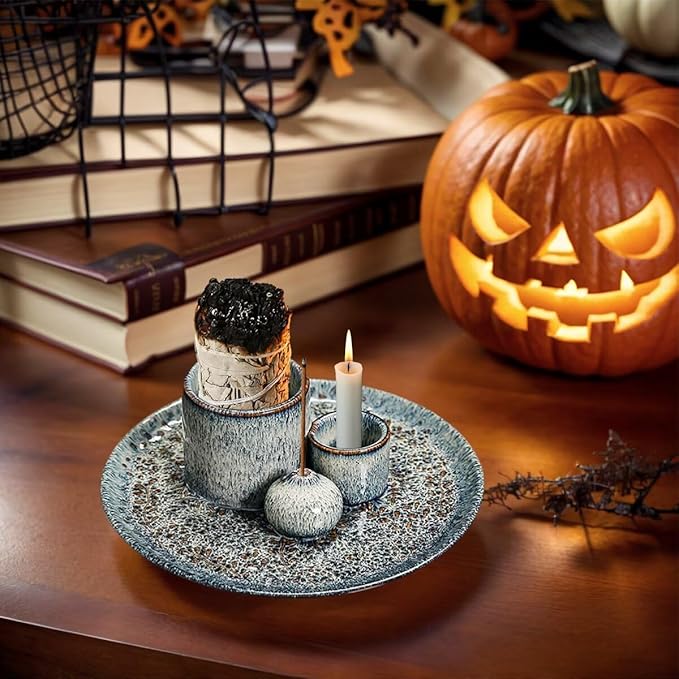 Incense Burner, Sage Palo Santo Candle Sticks Holder for Burning with Ash Catcher Tray, Handmade Ceramic Multi-Use Aromatherapy Tray for Meditation, Yoga, Home Decor (Blue)