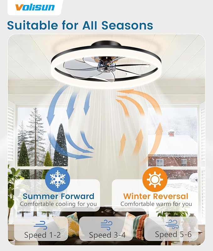 VOLISUN Low Profile Ceiling Fans with Lights and Remote, 27.6in Fandelier Ceiling Fan Flush Mount, 3000K-6500K Smart Bladeless LED Fan Light, Black Modern Ceiling Fans with Lights for Bedroom