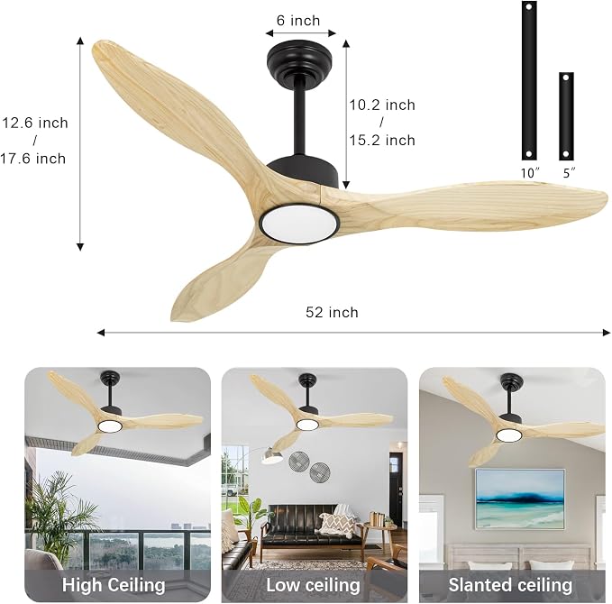 52 inch Ceiling Fans with Lights and Remote, 3 Natural Wood Blades, Modern Indoor/Outdoor Ceiling Fan for Living Room Bedroom Farmhouse Patio, 6 Speeds, Dimmable, Noiseless Reversible DC Motor