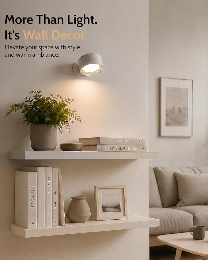 LED Wall Mounted Lights, Rechargeable Wall Sconces, 3 Color Temps, Remote & Touch, 360° Rotating and Dimmable for Bedroom, Bedside & Reading (White, 1 Pack)