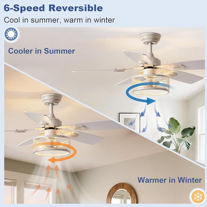 Depuley 42-Inch Ceiling Fans with Lights: Caged Ceiling Fans Dual Finish 5 Blades - Rustic Ceiling Fan with Remote Control for Farmhouse Living Room Outdoor Porch Noiseless (White Grey)