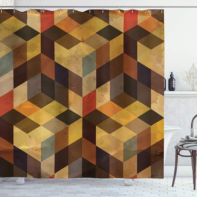 Ambesonne Modern Shower Curtain, Geometrical Shaped Lines Squares Chevron Graphic Art Print, Cloth Fabric Bathroom Decor Set with Hooks, 69" W x 70" L, Orange Apricot