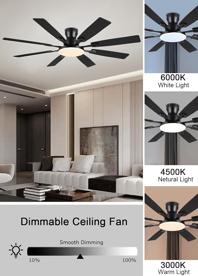 JSAITEE 60Inch Ceiling Fan with Lights Flush Mount Low Profile,Dark Grey | Ceiling Fans,DC Reversible Motor Noiseless, 3CCT Dimmable, Dual Finish, 6 Speeds Ceiling Fan for Indoor/Outdoor