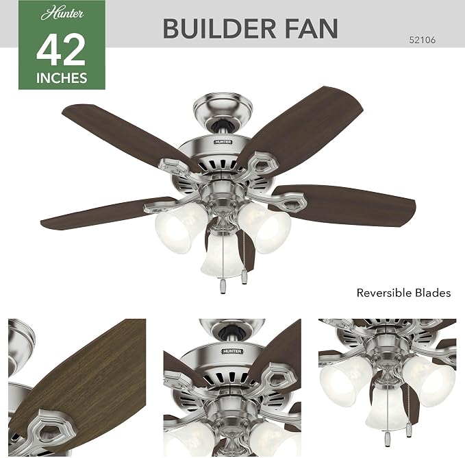 Hunter Builder, Indoor, Ceiling Fan, Pull Chain, 42 inch, Brushed Nickel | with LED Lights, Standard Mount, 5 Blades, For Bedroom, Living Room, Includes Bulbs, 52106