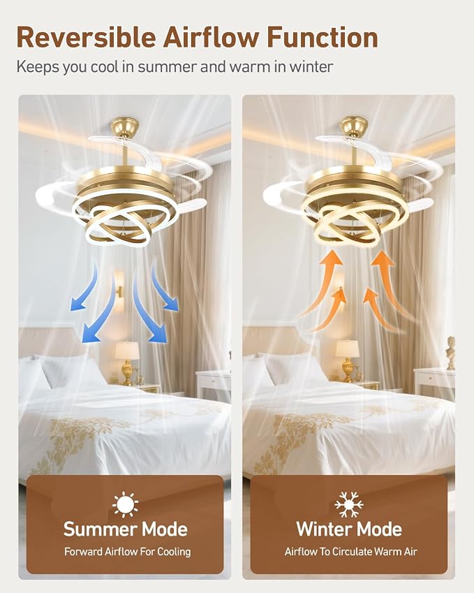 42 Inch Retractable Ceiling Fan with Lights, Gold Fandelier Chandelier Fan with Remote, 6-Speed Silent DC Motor, 3000K-6500K Dimmable LED Light, Modern Ceiling Fan for Bedroom Living Room Dining Room