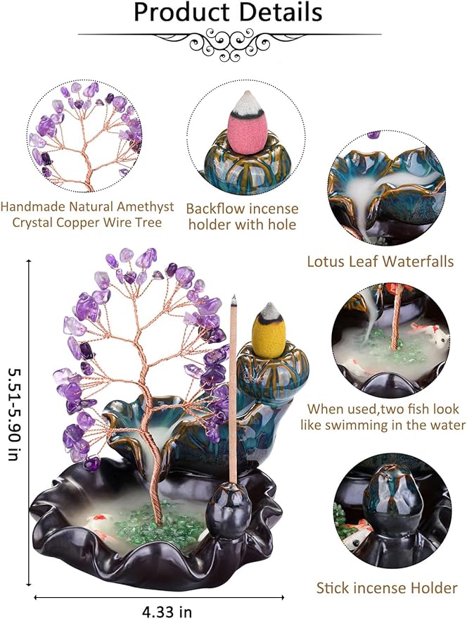 Jovivi Backflow Incense Burner Ceramic Incense Waterfall, Natural Amethyst Healing Crystal Money Tree Incense Holder for Wealth, Good Luck, Yoga Meditation, Home Decor
