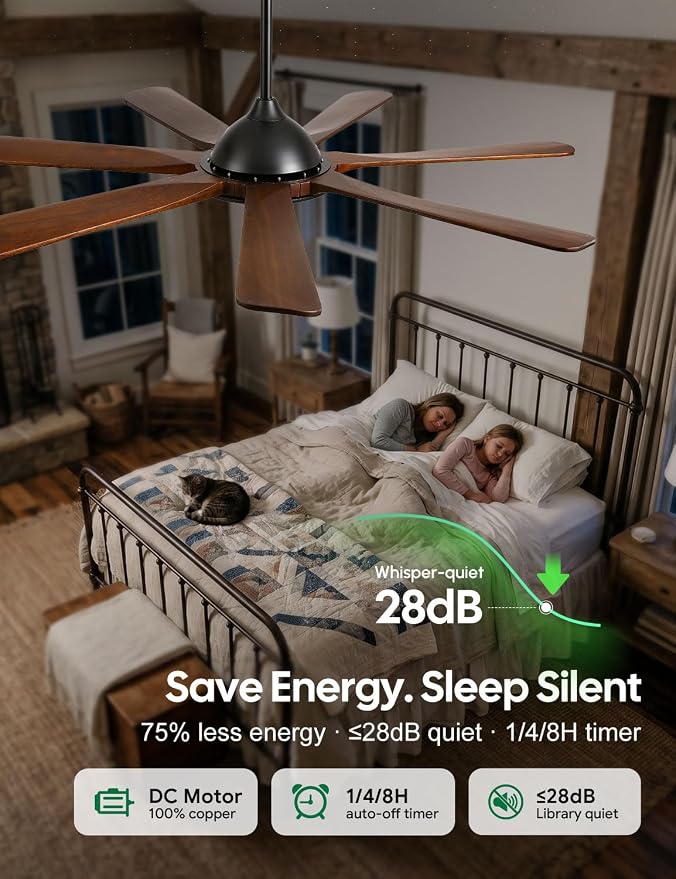 72 inch Smart Wood Ceiling Fan with Large Light, Remote/Alexa/App Control, Farmhouse 7 Solid Walnut Blades, High CFM Airflow Quiet DC Motor, for Indoor High Ceiling, Outdoor Covered Patio, ETL Listed