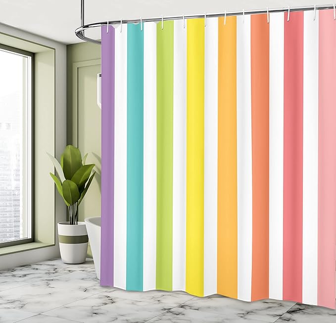 Ambesonne Modern Shower Curtain, Circus Theme Rainbow Colored Image Bold Stripes with Blank Background Image Print, Cloth Fabric Bathroom Decor Set with Hooks, 69" W x 84" L, Pastel Pink