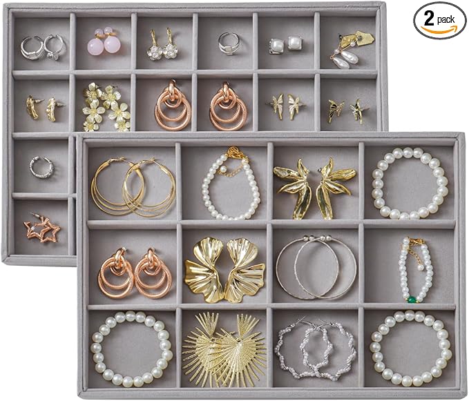Large Velvet Jewelry Tray 2 Pack Stackable Jewelry Display Drawer Inserts Trays Organizer for Earring Bracelet Necklace Ring (Gray, 12 Grids+24 Grids)
