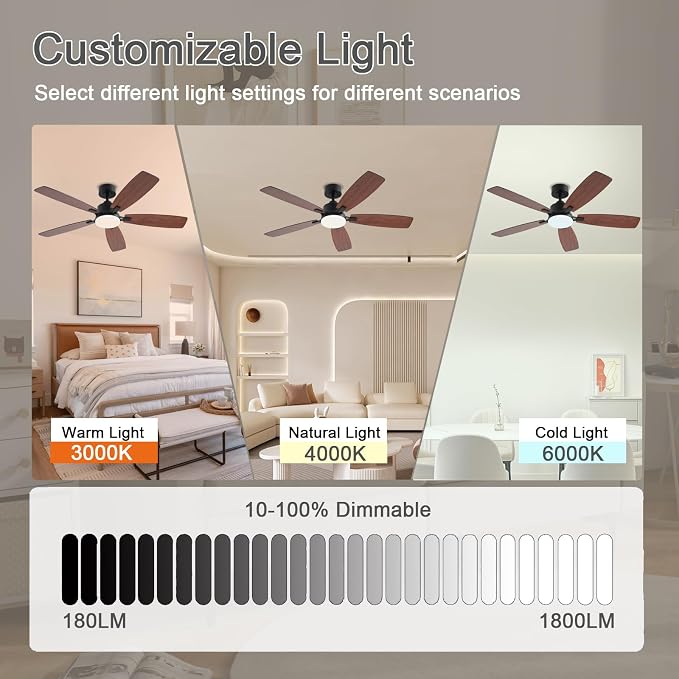 NKPU 52inch Ceiling Fans with Lights, Low Profile Ceiling Fan with Light and Remote/App Control, 2 Downrods, DC Reversible Motor, Noiseless, Dimmable Brown Ceiling Fan for Bedroom Livingroom