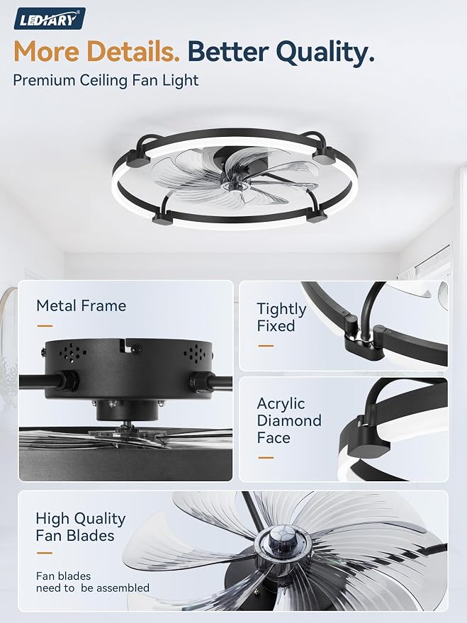 LEDIARY Ceiling Fans with Lights and Remote, Low Profile fan Light, Black | 24 Inch 3000K-6000K Stepless Dimmable Fandelier, Reversible DC Motor, Remote and APP Control, Bedroom Kitchen Living Room