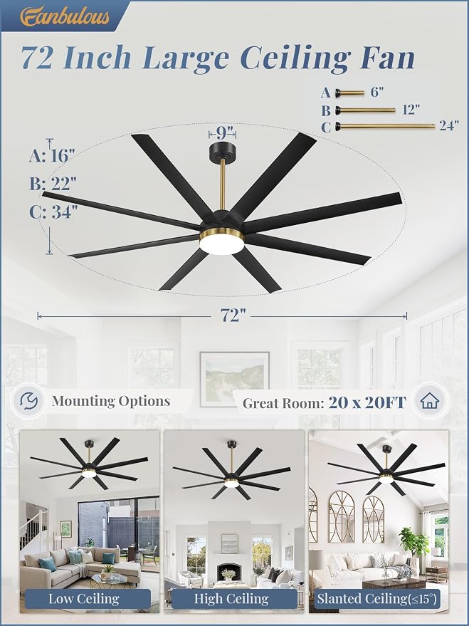 Fanbulous 72 Inch Large Ceiling Fans with Lights, Black Ceiling Fan with Remote Control, Dimmable, 3CCT, Quiet, Modern Ceiling fan For Living Room, Bedroom, Kitchen, Patio, Outdoor