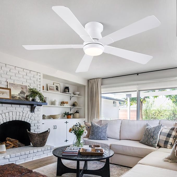 Hounberi 52" Flush Mount Ceiling Fan with Lights and Remote, Modern Black Low Profile Ceiling Fan, Quiet Reversible DC Motor, 3CCT Dimmable LED, Ideal for Bedroom, Kitchen and Low Ceilings, White