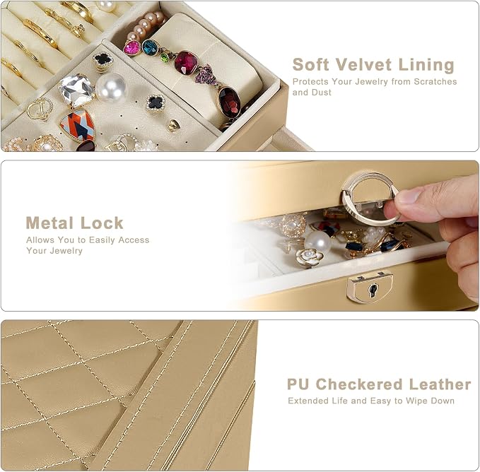 GUOER Jewelry Box for Women Girls, 3 Layers Large Jewelry Organizer(Champagne)