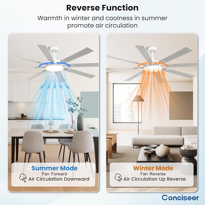 72 Inch Ceiling Fans with Lights and Remote, Dual Color 8 Blades, Bedroom Living Room Office Library Cafe Outdoor Industrial, 3CCT Dimmable, 6 Speed Reversible Quiet DC Motor, White/Wood Grain