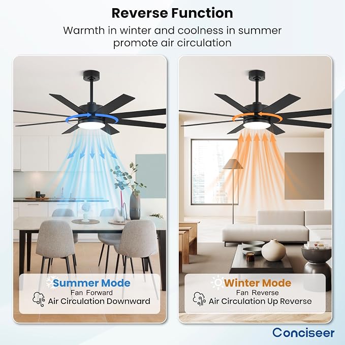 60 Inch Ceiling Fans with Lights and Remote, Dual Color 6 Blades, Bedroom Living Room Office Library Cafe Outdoor Industrial, 3CCT Dimmable, 6 Speed Reversible Quiet DC Motor, Black/Wood Grain