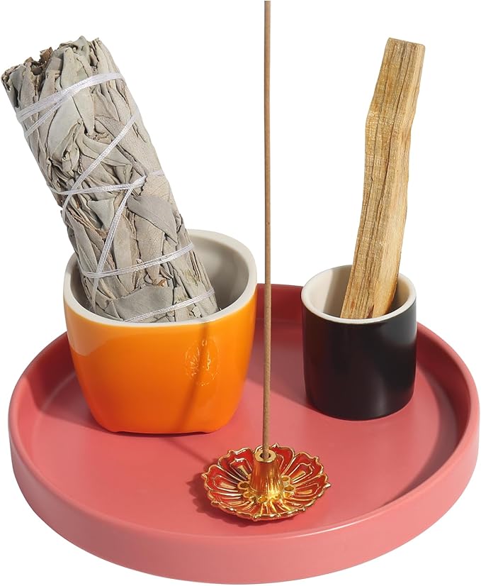 4 in 1 Incense Holder, 5.5" Ceramic Palo Santo Stick Holder, Sage Holder for Burning, Sage Incense Burner for Meditation Yoga Room and Home Decor