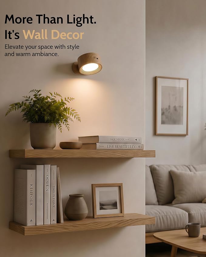LED Wall Mounted Lights, Rechargeable Wall Sconces, 3 Color Temps, Remote & Touch, 360° Rotating and Dimmable for Bedroom, Bedside & Reading (Wood, 1 Pack)