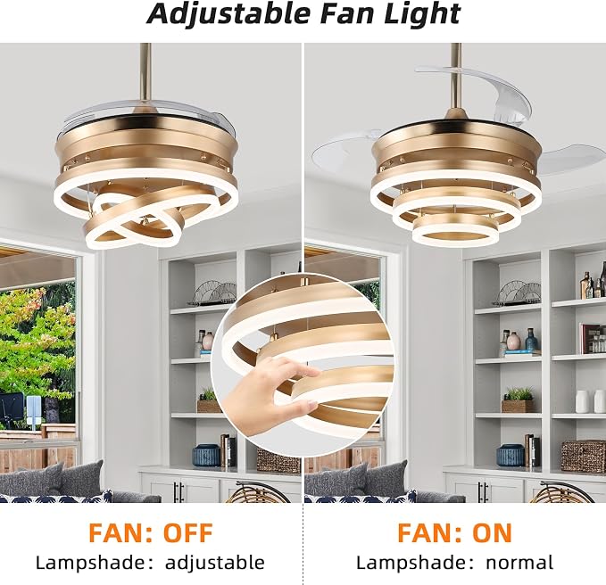 Retractable Ceiling Fan with Lights,Dimmable,6 speeds,DC Motor,Modern DIY Ceiling Fan with Lights Remote Control for Bedroom Living Room Kitchen (Gold, 36 inch)