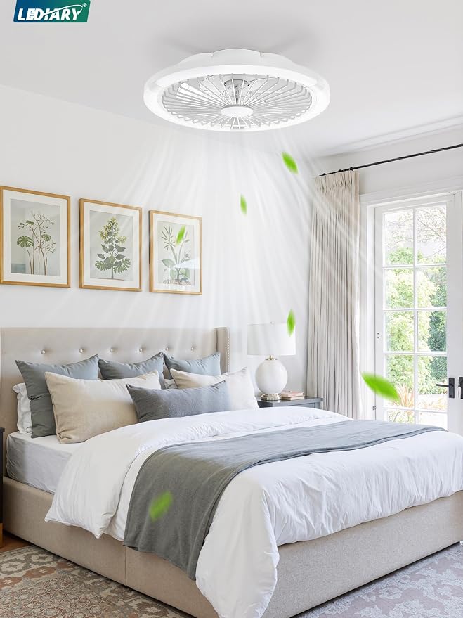 LEDIARY 20" Bladeless Ceiling Fan with Light,Low Profile LED Ceiling Fans with Remote & Smart APP Control,Modern Enclosed Flush Mount Fandelier with Timming,6 Speed,3000-6000K,Bedroom,Kids Room-White