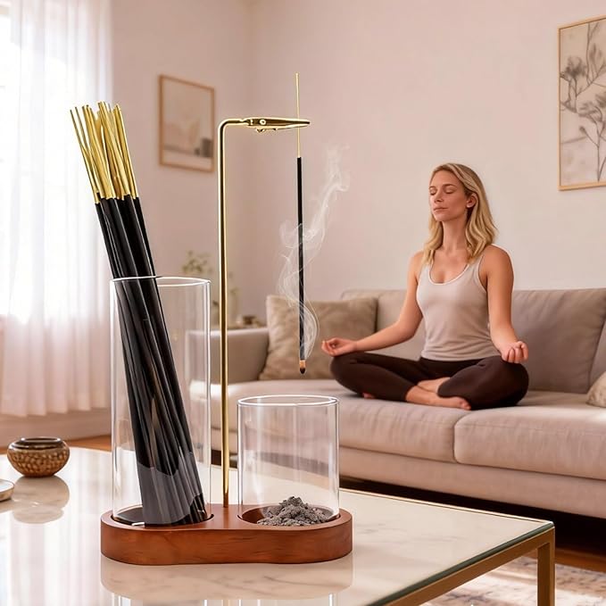 2 in 1 Incense Holder for Sticks - Glass Incense Burner with Ash Catcher, Japanese Hanging Incense Burner with Storage and Wooden Base for Meditation Yoga Spa Homen Room Unique Decor