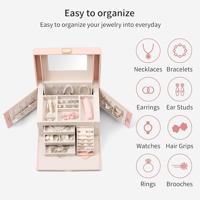 VLANDO Jewelry Box Organizer for Girls Women, Large Baroque Jewelry Holder Organizer with Mirror, 3 Drawers for Bracelets, Earrings, Rings, Necklaces, Mothers Day for Loved One, Pink