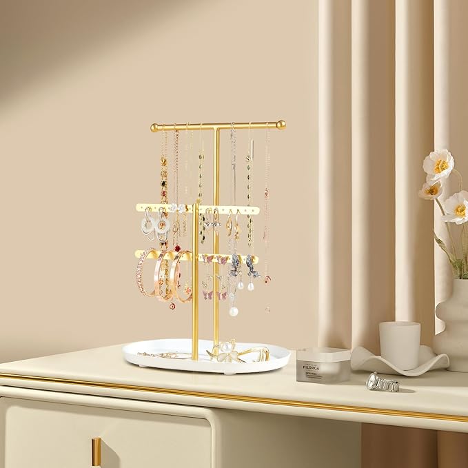 Saydear 3-Tier Jewelry Organizer Stand, Earring Holder Necklace Tree | Gold Metal Earring Rails With Top Necklace Bar, White Oval Tray Base, Ideal Vanity Dresser Decor, Gift For Her